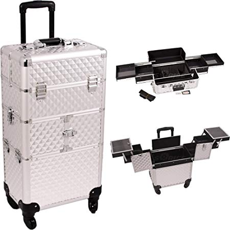 Sunrise I3164DMSL Silver Diamond 3 Tiers Accordion Trays 4 wheels Professional Rolling Aluminum Cosmetic Makeup Craft Storage Organizer Case and Easy Slide Trays