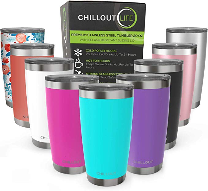 CHILLOUT LIFE 20 oz Stainless Steel Tumbler with Lid & Gift Box | Double Wall Vacuum Insulated Travel Coffee Mug with Splash Proof Slid Lid | Insulated Cup for Hot & Cold Drinks, Powder Coated Tumbler