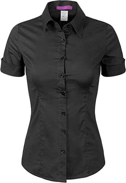 Design by Olivia Women's Junior Fit Short Sleeve Stretchy Button Down Collar Office Formal Casual Blouse Shirts Top (S-3XL)