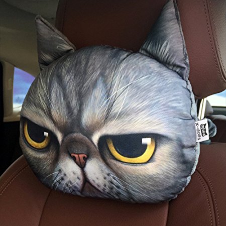 ZEALUX Comfortable Cute Doge Cat 3D Lifelike Printing Cotton Car Headrest Funny Headrest (Anger Cat)