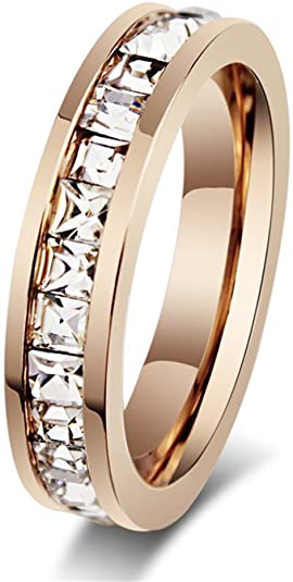 Fashion Month Womens Stainless Steel Rose Gold Wedding Ring Channel Set Cubic Zirconia Engagement Eternity Band for Her