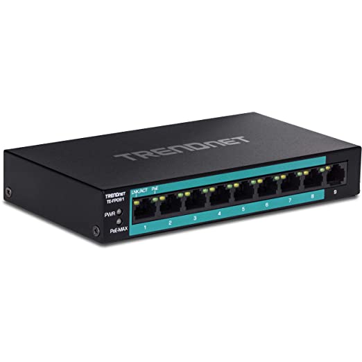 TRENDnet 9-Port Unmanaged Fast Ethernet Long Range PoE  Switch, 8 x Fast Ethernet PoE  And 1 x Fast Ethernet Port, Extend PoE  Up To 250m (820 ft) At 10Mbps, 1.8Gbps, 60W Power Budget, Black, TE-FP091