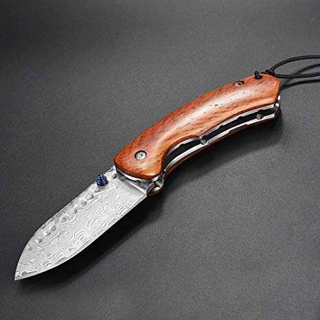 NedFoss Damascus Steel Pocket Knife, Handmade Forged Damascus Steel Folding Knife with Wooden Handle, EDC Folding Hunter Pocket Knife with Liner Lock and Thumb Stud