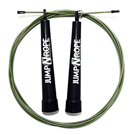 JumpNRope World Champion Speed Wire Jump Rope - #1 Best for Cross Training and Functional Fitness - Patented Technology - Fully Adjustable - Proudly Made in The USA (Std.-Khaki Green)