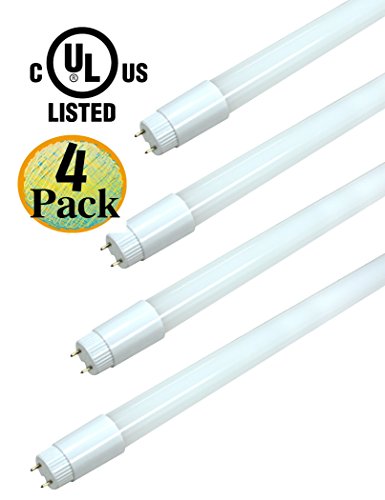 HL 4 Pack of T8 LED Fluorescent Tube Light, 4ft 48" Frosted Cover, 16W (36W equivalent), 5000K (Daylight White), Single Ended Power, G13 Lighting Fixture, UL Listed & DLC Qualified