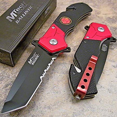 Mtech Fire Fighter Red Black Tanto Tactical Rescue Pocket Knife