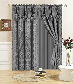 All American Collection New 4 Piece Drape Set with Attached Valance and Sheer with 2 Tie Backs Included (63" Length, Grey)