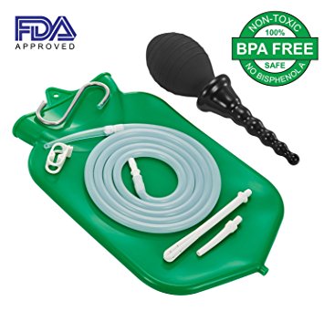 Easy Enema Bag kit - at home silicone FDA approved enema system with bonus enema douche (Green)