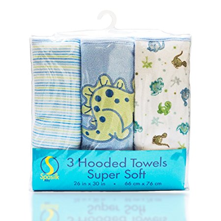 Spasilk Soft Terry Hooded Towel Set, Blue Dino, 3-Count
