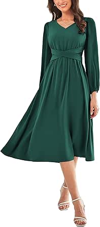 GRACE KARIN Women's Chiffon Dresses V Neck Long Sleeve Smocked Waist A-Line Midi Length Wedding Guest Dress