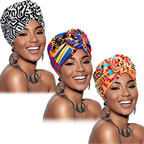 SATINIOR 3 Pieces African Turban for Women Knot Pre-Tied Bonnet Beanie Cap Headwrap