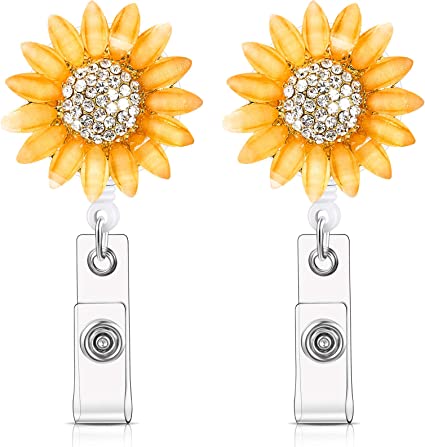 2 Pieces Retractable Badge Reel Sunflower Badge Reel Sunflower Badge Holder Clip with Alligator Clip Nylon Cord ID Badge Reel on Card Holders for Nurse Teacher Student (Orange)