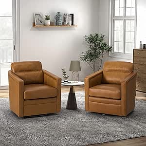 HULALA HOME Modern Swivel Chair Set of 2, Genuine Leather Tub Barrel Club Chair with Metal Base & Removable Cushion, Accent Armchair Single Sofa Chair for Living Room, Bedroom, Home Theater, Camel