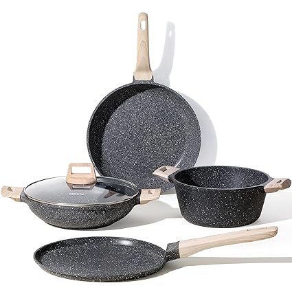 CAROTE 4pcs Pots and Pans Set, Nonstick Cookware Sets, Granite Pots Set, Kitchen Induction Pots and Pans Cooking Sets, Pan Sets for Cooking