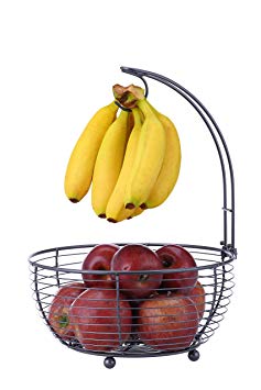 SunnyPoint Tabletop Wire Fruit Basket Bowl Stand with Banana Hanger, Black