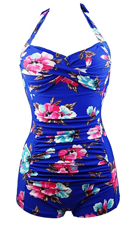 Taiycyxgan Womens' Floral Retro One Piece Ruched Maillot Boy-Leg Swimsuit