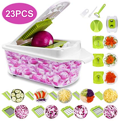 Sedhoom 23 in 1 Onion Chopper Vegetable Chopper Mandolin Slicer Dicer Spiralizer Peeler Cheese Grater pro Large Container Multi Blade Food Chopper Cutter Veggie Chopper Cuber Zucchini Spaghetti Maker