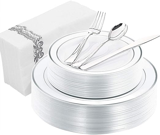 WDF 150PCS Silver Rim Plastic Plates - Disposable Plastic Silverware&Hand Napkins, Christmas plates include 25 Dinner Plates,25 Salad Plates,25 Forks, 25 Knives, 25 Spoons,25Disposable Napkins