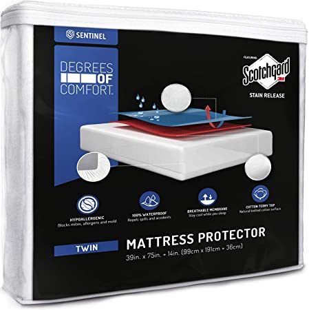 Degrees of Comfort Organic Twin Size Mattress Protector | 100% Natural Terry Cotton Cover, Deep Pocket Fitted, 3M Scotchgard Stain Resistant | Waterproof, Breathable, Cooling, Noiseless, Washable