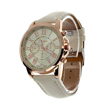 Tenworld Fashion Gift Womens Quartz Dial Clock Faux Leather Wrist Watch Round Case