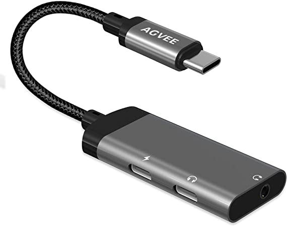 AGVEE 3-in-1 USB-C Audio Adapter, 3.5mm & Type-C Headphones & Charger Splitter, Earbuds Jack Dongle, 60w PD Charging Dongle for Samsung S21 S20 (Ultra, FE), Note 20 10, iPad Pro, Pixel 3 4 5 XL, Gray