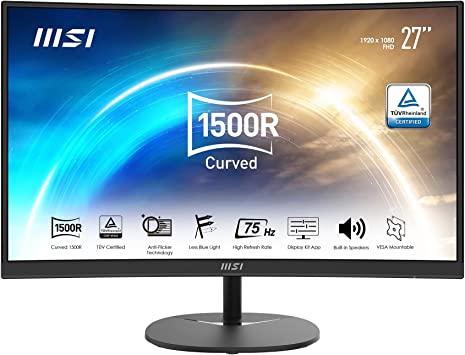 MSI PRO MP271C 27'' Curved Monitor, Adjustable, 1500R, FHD (1920 x 1080), 75Hz, VA, 4ms, HDMI, VGA, Built-in Speakers, Anti-Glare, Anti-Flicker, Less Blue light, TÜV Certified, VESA, Kensington