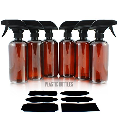 16oz Amber Brown Plastic Spray Bottles with Heavy Duty Mist & Stream Sprayers and Chalkboard Labels (6-pack); PET #1 BPA-free, Use for Aromatherapy, DIY Cleaning, Kitchen, Hair Etc