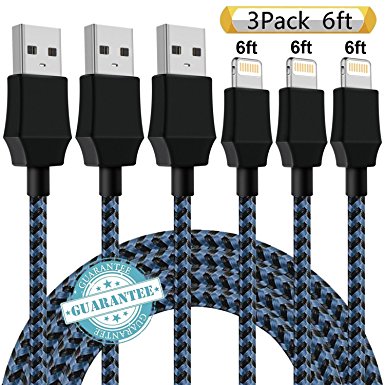 DANTENG iPhone Cable 3 Pack 6FT, Extra Long Charging Cord Nylon Braided to USB Lightning Cable for iPhone X, 8 , 8, 7, SE, 5, 5s, 6s, 6, 6 Plus, iPad Air, Mini, iPod (BlackBlue)