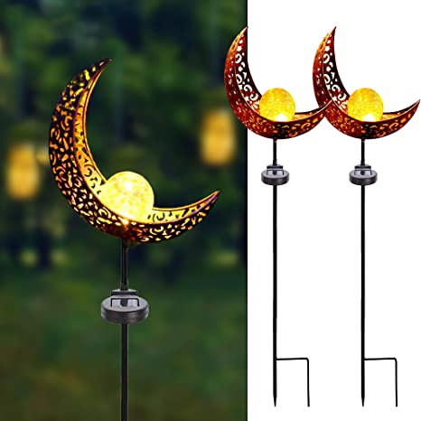 Solar Garden Stake Lights,2 Pack Crackle Glass Globe Antique Brass Metal Outdoor Solar Moon Lights for Lawn Patio Yard Wedding Party Decoration Light