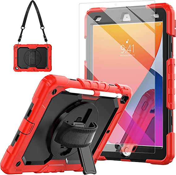 New iPad 9th Generation 8th Generation Case 2021 2020 10.2 Inch with Tempered Glass Screen Protector & Penchil Holder | Protective Kids iPad 10.2 7th Gen Cover 2019 w/Stand Hand Shoulder Strap |Red