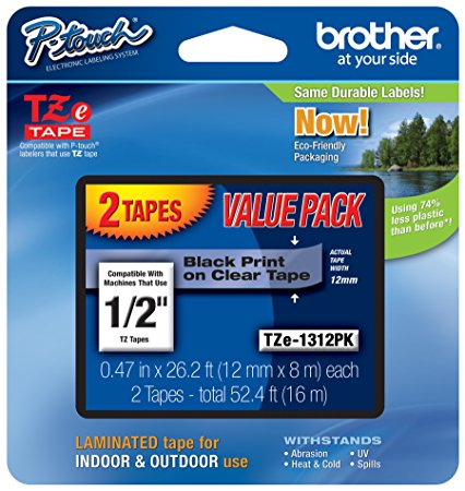 Brother P-touch ~1/2-Inch Standard Laminated Tape, Black on Clear, 26.2-Feet (2 Pack)