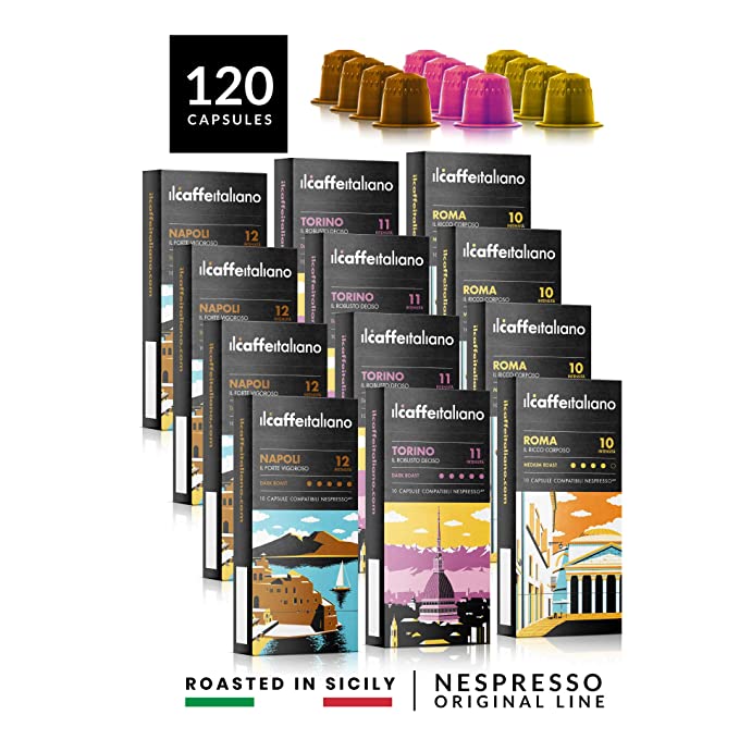 Il Caffé Italiano Coffee, Capsules Compatible with Nespresso OriginalLine, Certified Genuine Mama Mia Strong Intensity Pack, 120 Espresso Pods, Roasted in Sicily, Happiness Guaranteed
