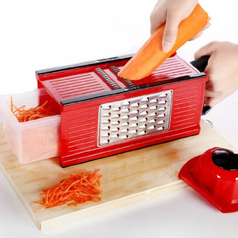 SUMCOO Kitchen Tools Set,Food And Vegetables Mandoline Slicer With Blades For Fruit And Cheese Cutter, Carrot Grater, Onion Chopper, Julienne Peeler with Safety Hat And Container (4 in 1 Red)