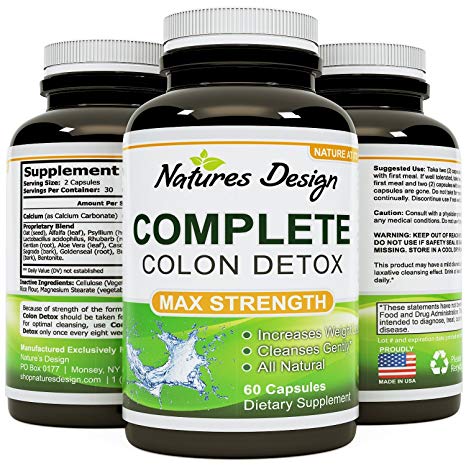 Colon Detox Cleanse Supplement for Natural Weight Loss and Digestion Support - Probiotic Lactobacillus Acidophilus with Pure Psyllium Husk Alfalfa and Aloe Vera - 60 Veggie Capsules by Natures Design