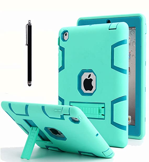 iPad 2 Case,iPad 3 Case, iPad 4 Case, AICase Kickstand Shockproof Heavy Duty Rubber High Impact Resistant Rugged Hybrid Three Layer Armor Protective Case with Stylus for iPad 2/3/4 (Mint Blue Green)