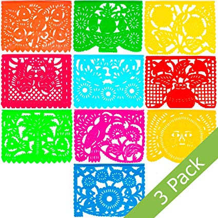 Large Plastic Papel Picado Banner - 15 Feet Long - Two Designs to choose from (3 Pack, All Occasions)