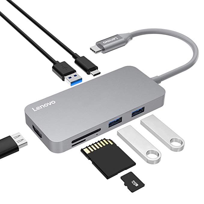 Lenovo USB C Hub, Type C Adapter with USB C Charging Port, 7 in 1 USB-C to HDMI Output, USB 3.0, SD & MicroSD Card Reader, Portable for MacBook Pro, Chromebook and More Type-C Devices