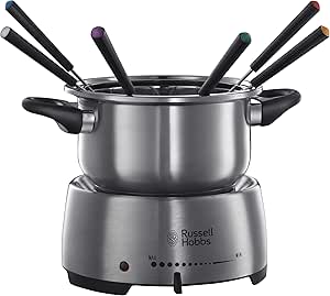 Russell Hobbs Fondue Fiesta - Fondue Eléctrica Para Fundir Chocolate o Queso, Capacidad 1,7L, Temperatura Ajustable, Función Mantener Calor, Incluye 6 Tenedores, Acero Inoxidable, 1200 W - 22560-56