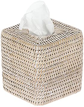 KOUBOO 1030056 La Jolla Rattan Square Tissue Box Cover, 5.5" x 5.5" x 5.75", White Wash