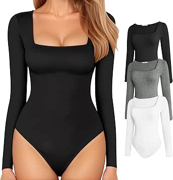 MANGOPOP Women's Square Neck Long Sleeve Body suits Slim Fitted Tops 3 PACK