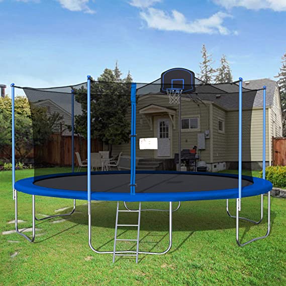 Trampoline for Kids 16FT Trampoline Round Jumping Table with Safety Enclosure Net, Ladder, Jumping Mat and Spring Cover Padding, Trampoline for Kids Adults, Indoor - Outdoor Trampoline 16FT Blue Color
