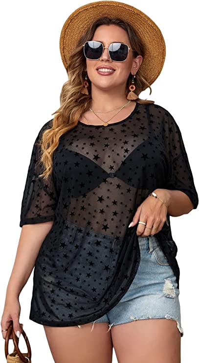 Milumia Women's Plus Size Star Print Sheer Mesh Drop Shoulder Oversized Tee Tops