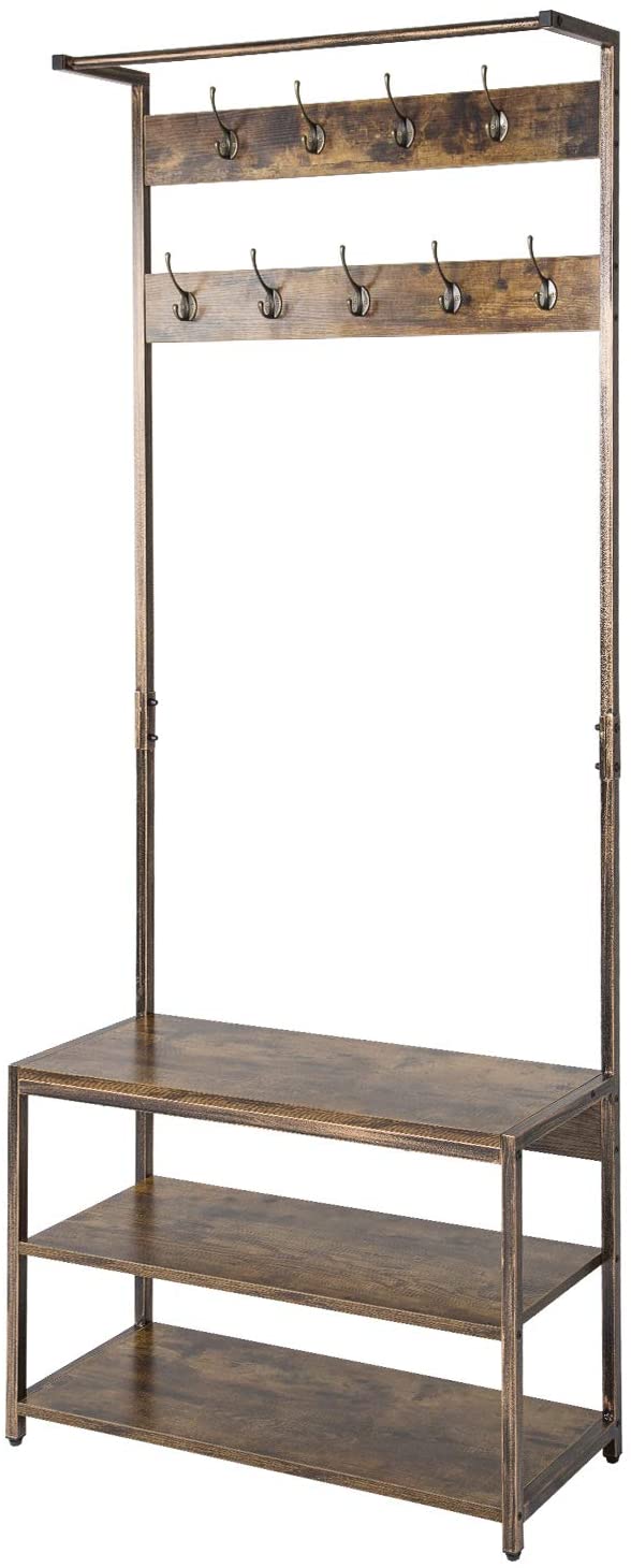 TOPSKY Coat Rack Shoe Bench Hall Tree with 9 Hooks 3 in 1 Design with Stable Rustic Metal Frame (Rustic Brown)