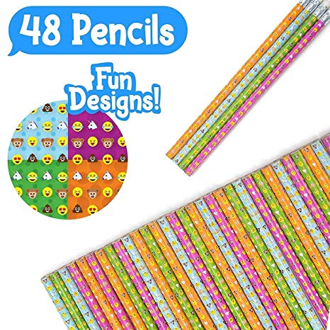 48 Novelty Emoji Smiley Face Two Pencils -  Durable Wood and Lead - Awesome Back-To-School Presents, Classroom Rewards, and Kids Party Favors - Won't Snap or Peel - Popular With Kids