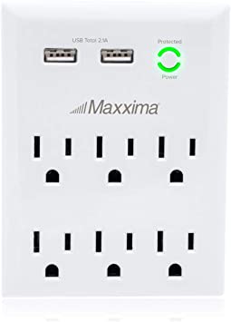 Maxxima 6 Outlet Dual USB Adaptor Plug Grounded 2.1A Port 1080 Joules Surge Protector, USB Charger