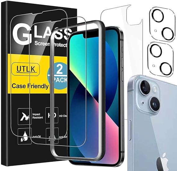 [ 2 2  2 ] 2 Front   2 Back for iPhone 14 Plus Glass Screen Protector HD Clear  2 Glass Camera Lens Protector for iPhone 14 Plus (6.7") with Installation Frame,Case friendly (For iPhone 14 Plus 6.7 inch)