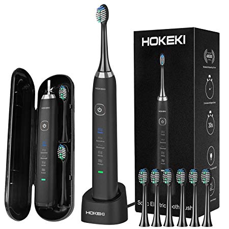 Sonic Electric Toothbrush With 8 DuPont Brush Heads & Travel Case, HOKEKI USB Rechargeable Toothbrush Adult Electric Toothbrush With 5 Modes & Automatic Timer, IPX7 Waterproof, Fast Charging, Black