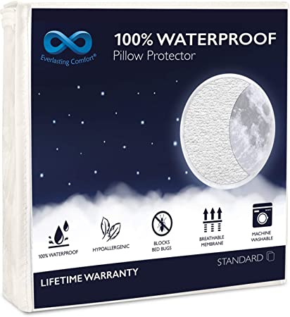 Everlasting Comfort Waterproof Pillow Protectors - Set of 2, Standard Size - Hypoallergenic Pillow Covers - Breathable Membrane