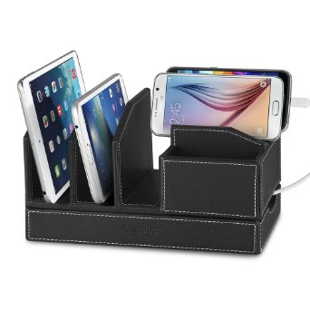 EasyAcc Single-deck Multi-device Charging Organization Station Dock for iPhone 6 6s, iPad Mini 2 3 4, iPad Air 2, iPad 2 3 4, Samsung Galaxy S5 S6, Samsung Galaxy Tab 4 10.1 Ect. - Black Pu Leather