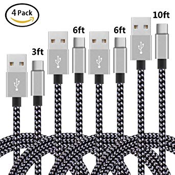 USB Type C Cable, [4-Pack 3FT/26FT/10FT] Nylon Braided Fast Charging USB C Cable Compatible with Samsung Galaxy S9 S8 Plus Note, Google Pixel, LG V30, Oneplus Nintendo Switch New MacBook(Black&Grey)